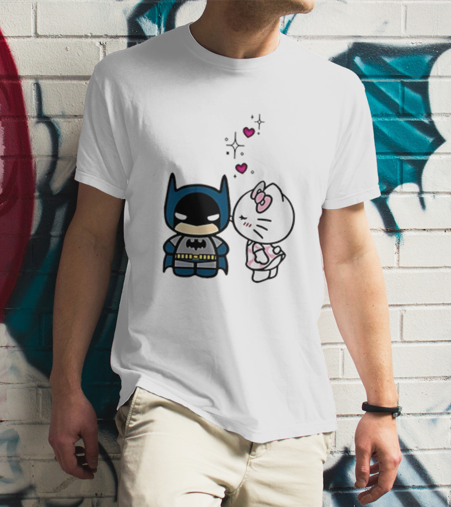 Hello Kitty Kissing Batman With Hearts And Sparkles T-Shirt