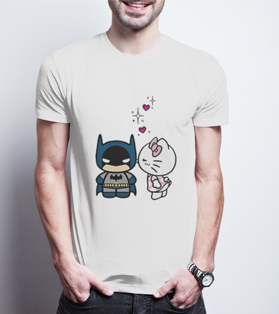 Hello Kitty Kissing Batman With Hearts And Sparkles T-Shirt