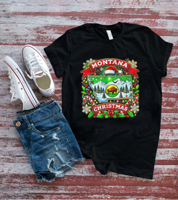 Montana Christmas Snowy Mountains And Buffalo Holiday Festive T-Shirt