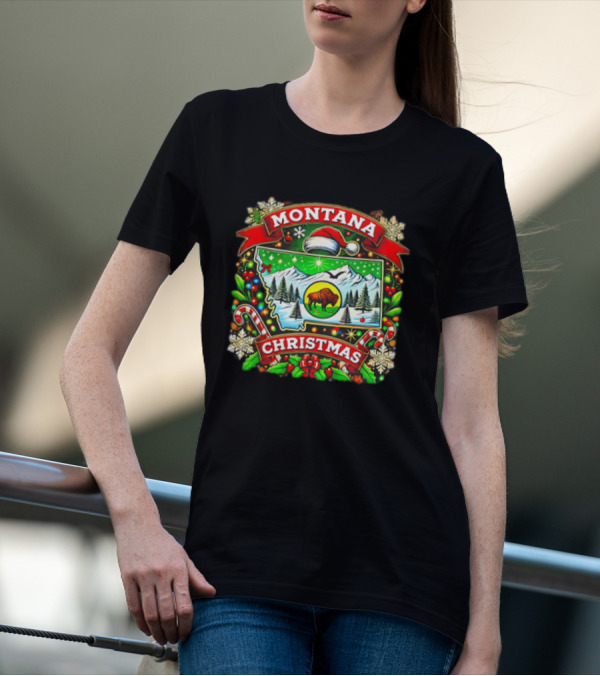 Montana Christmas Snowy Mountains And Buffalo Holiday Festive T-Shirt