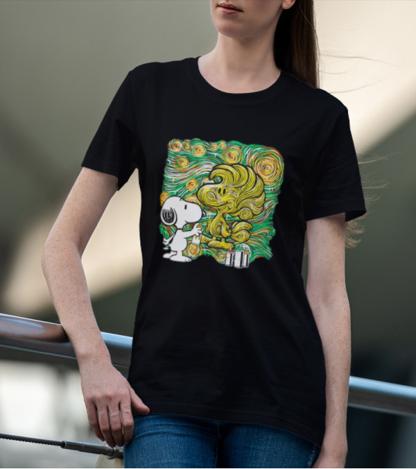 Peanuts Snoopy Spray Painting Woodstock In Starry Night Graffiti T-Shirt