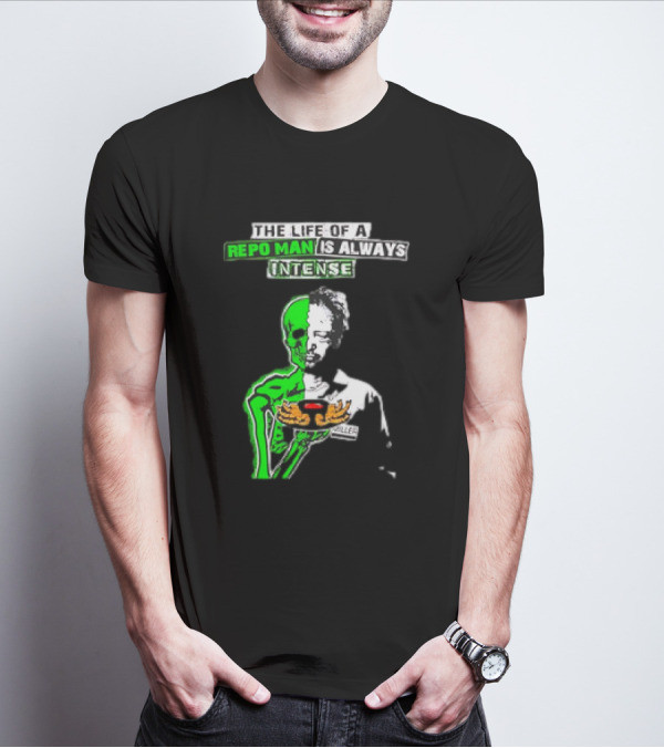 The Life Of A Repo Man Is Always Intense Skull Duality Neon Green Skeleton Black Hat Grim Reaper Delivery Pizza Box Killer T-Shirt
