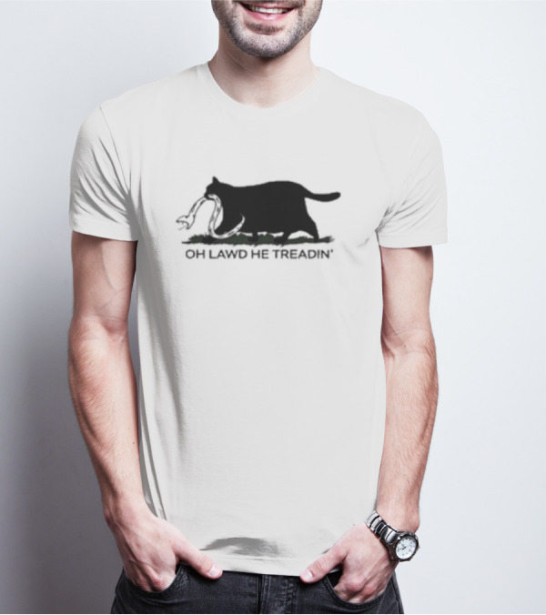 Oh Lawd He Treadin' Cat Silhouette Biting Snake T-Shirt