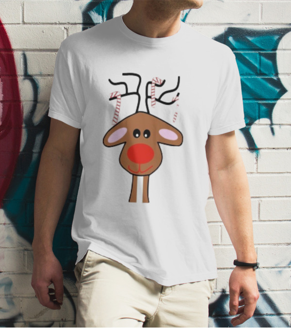 Red Nose Christmas Reindeer With Candy Cane Antlers T-Shirt