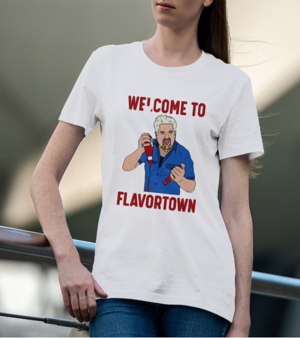 WECOME TO FLAVORTOWN Flavortown Guy Character Cartoon Blue Shirt Red Bottles T-Shirt