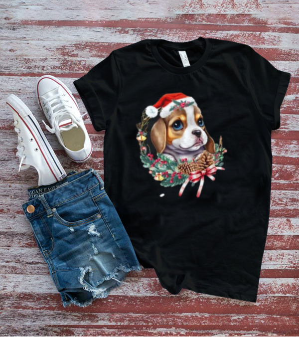 Christmas Beagle With Santa Hat And Holiday Wreath T-Shirt