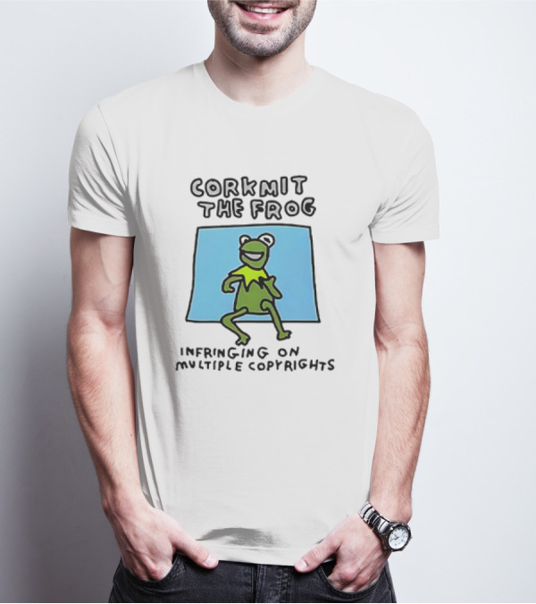 Corkmit The Frog Infringing On Multiple Copyrights Green Frog Cartoon With Blue Background T-Shirt