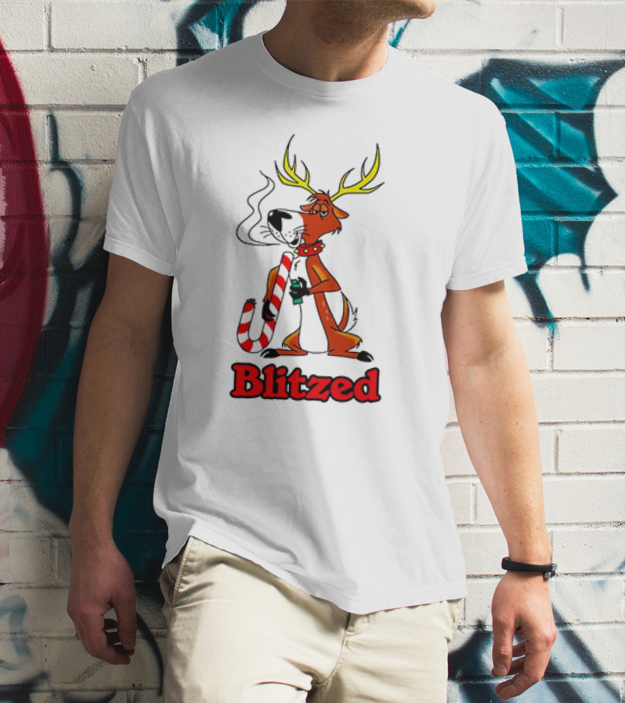 Blitzed Reindeer With Candy Cane And Holiday Cheer T-Shirt