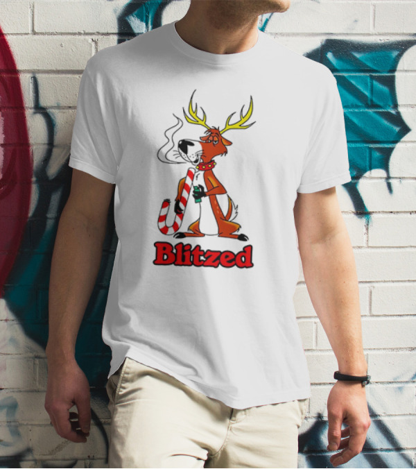 Blitzed Reindeer With Candy Cane And Holiday Cheer T-Shirt