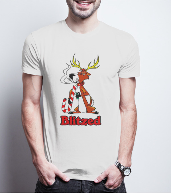 Blitzed Reindeer With Candy Cane And Holiday Cheer T-Shirt