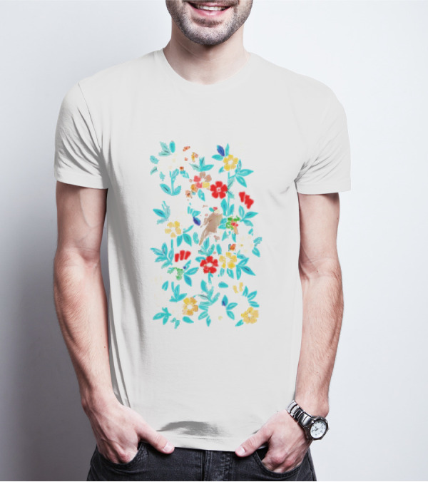 Fowl And Flower Vintage Pattern Print T-Shirt