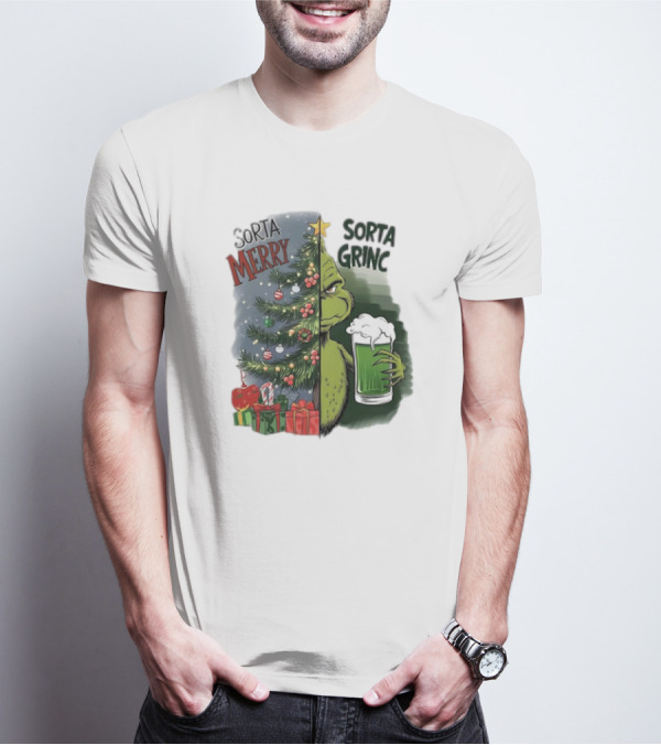 Sorta Merry Sorta Grinch Christmas Tree And Green Drink T-Shirt