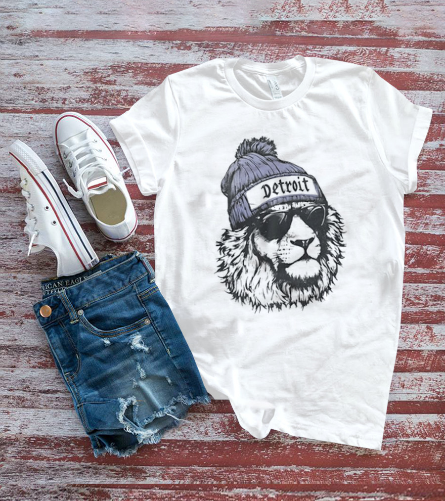Detroit Lion Wearing Sunglasses And Beanie T-Shirt
