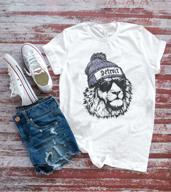 Detroit Lion Wearing Sunglasses And Beanie T-Shirt
