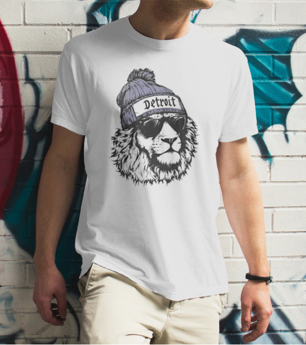 Detroit Lion Wearing Sunglasses And Beanie T-Shirt