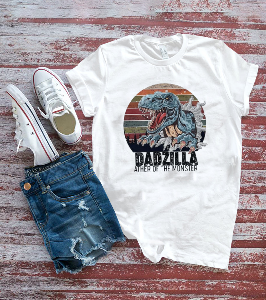 Dadzilla Ather Of The Monster Vintage Dinosaur Retro Stripes T-Shirt