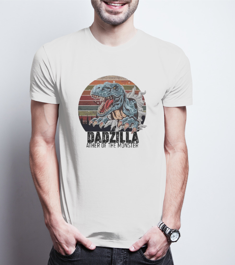 Dadzilla Ather Of The Monster Vintage Dinosaur Retro Stripes T-Shirt