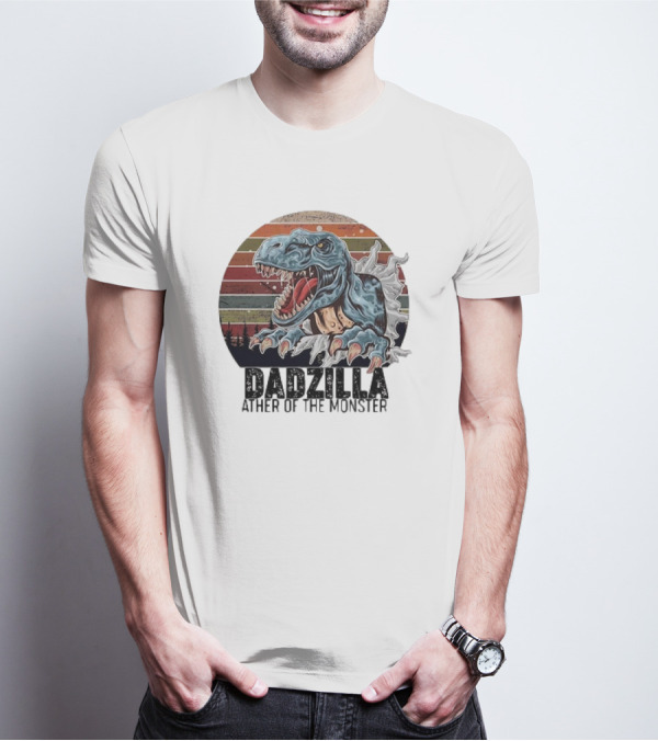 Dadzilla Ather Of The Monster Vintage Dinosaur Retro Stripes T-Shirt