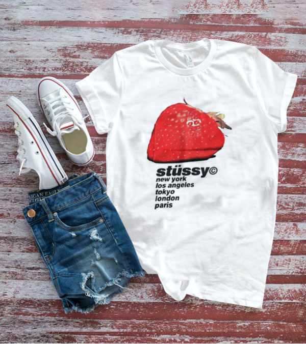 Stussy Strawberry Design New York Los Angeles Tokyo London Paris T-Shirt