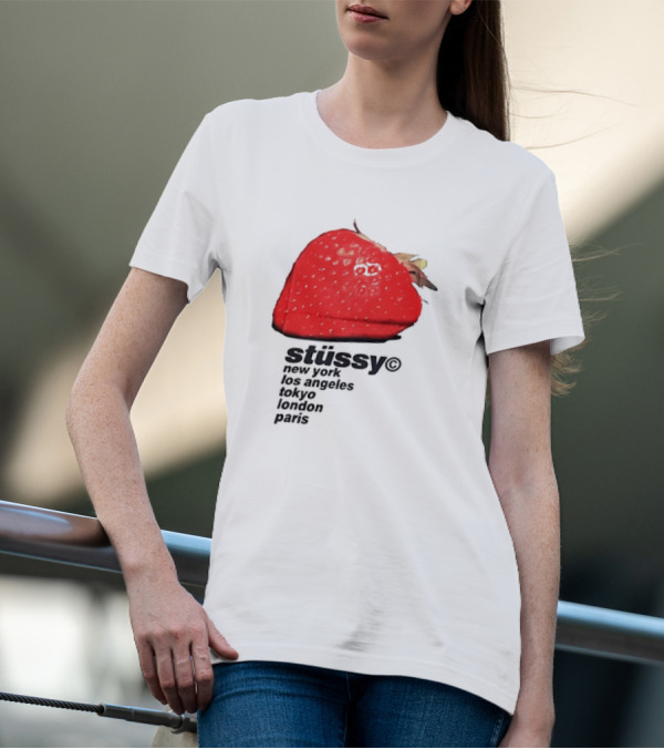 Stussy Strawberry Design New York Los Angeles Tokyo London Paris T-Shirt