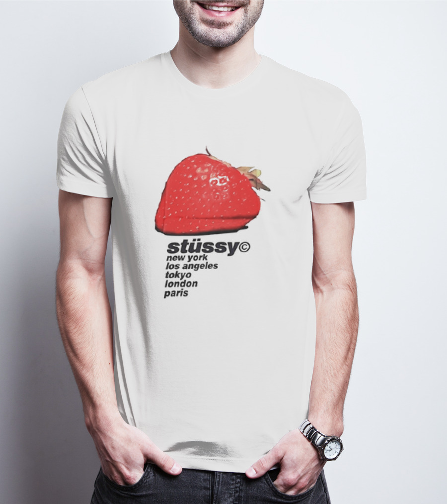 Stussy Strawberry Design New York Los Angeles Tokyo London Paris T-Shirt