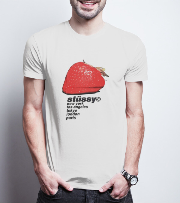 Stussy Strawberry Design New York Los Angeles Tokyo London Paris T-Shirt