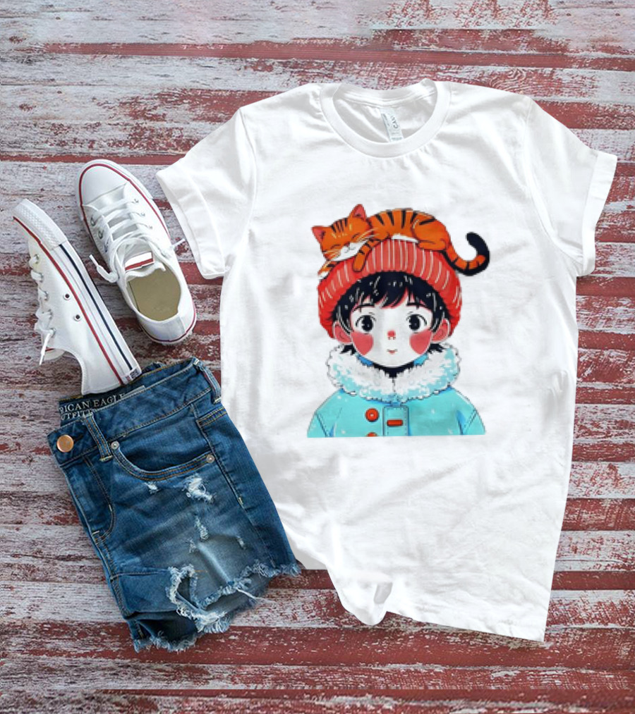 Cute Anime Child In Winter Coat With Adorable Cat Hat T-Shirt