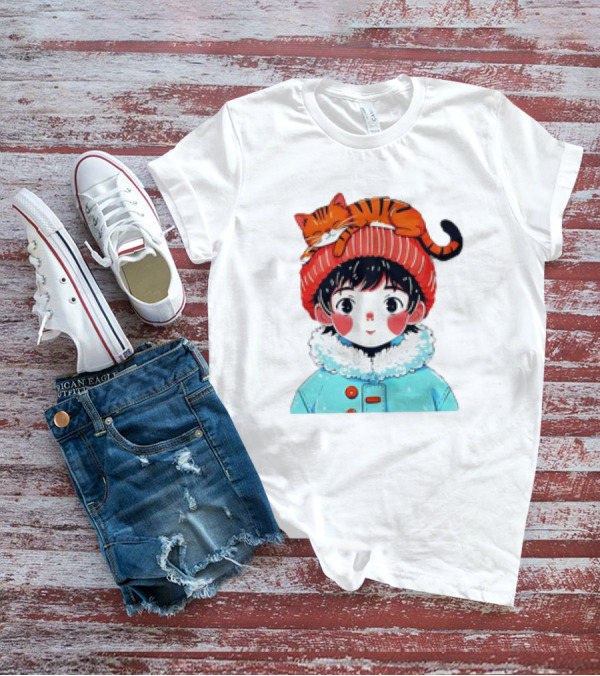 Cute Anime Child In Winter Coat With Adorable Cat Hat T-Shirt