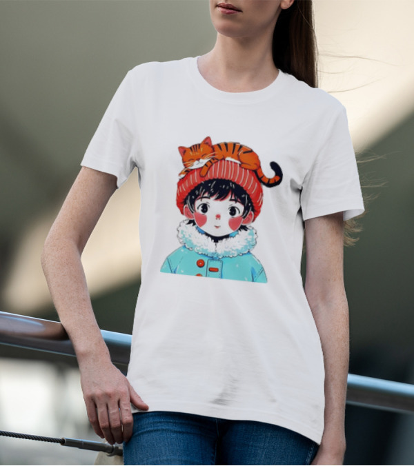 Cute Anime Child In Winter Coat With Adorable Cat Hat T-Shirt