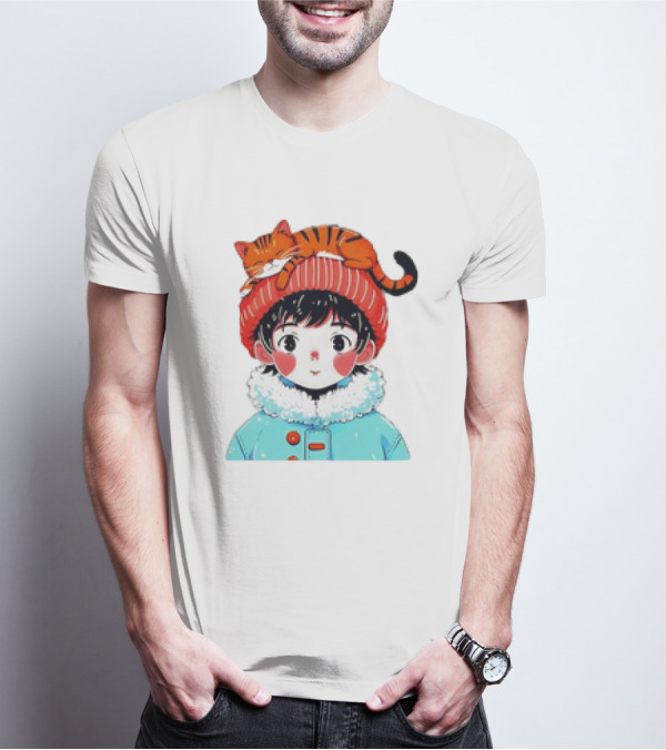 Cute Anime Child In Winter Coat With Adorable Cat Hat T-Shirt