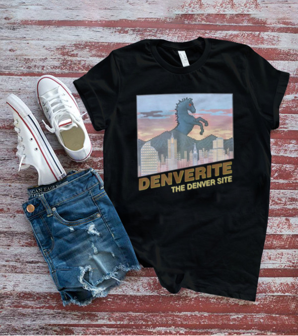 Denverite The Denver Site City Skyline And Rearing Blue Mustang T-Shirt
