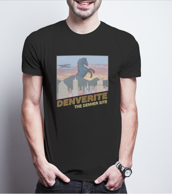 Denverite The Denver Site City Skyline And Rearing Blue Mustang T-Shirt