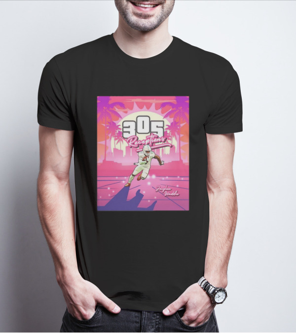 Jaylen Waddle 305 Receptions Miami Dolphins Tropical Sunset Scene T-Shirt