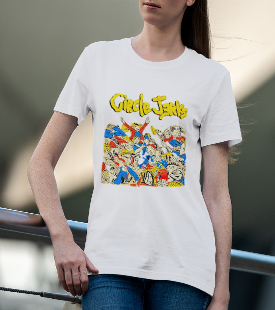 Circle Jerks Cartoon Energetic Crowd Scene With Vibrant Characters T-Shirt