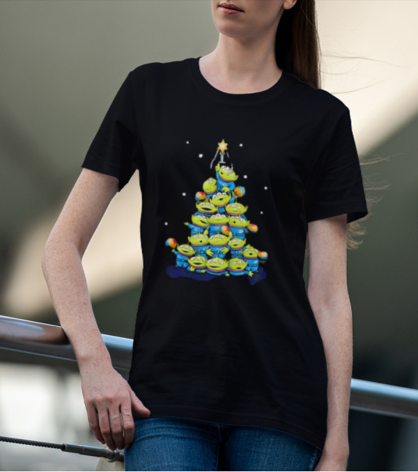 Aliens From Toy Story Forming Christmas Tree Tower With Star And Snowflakes T-Shirt