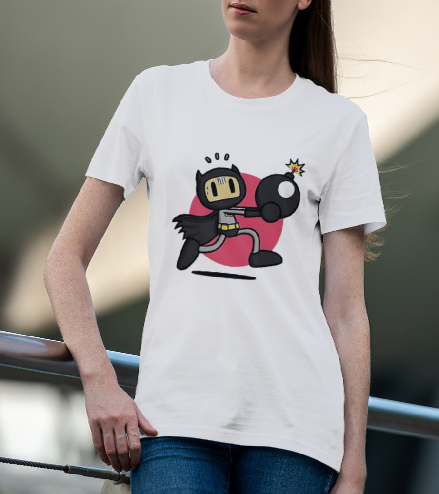 Batman Meets Bomberman Crossover With Iconic Superhero Cape And Explosive Action T-Shirt