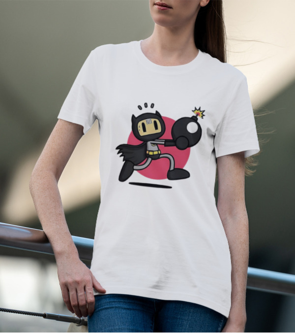 Batman Meets Bomberman Crossover With Iconic Superhero Cape And Explosive Action T-Shirt