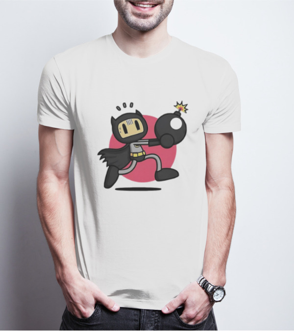 Batman Meets Bomberman Crossover With Iconic Superhero Cape And Explosive Action T-Shirt