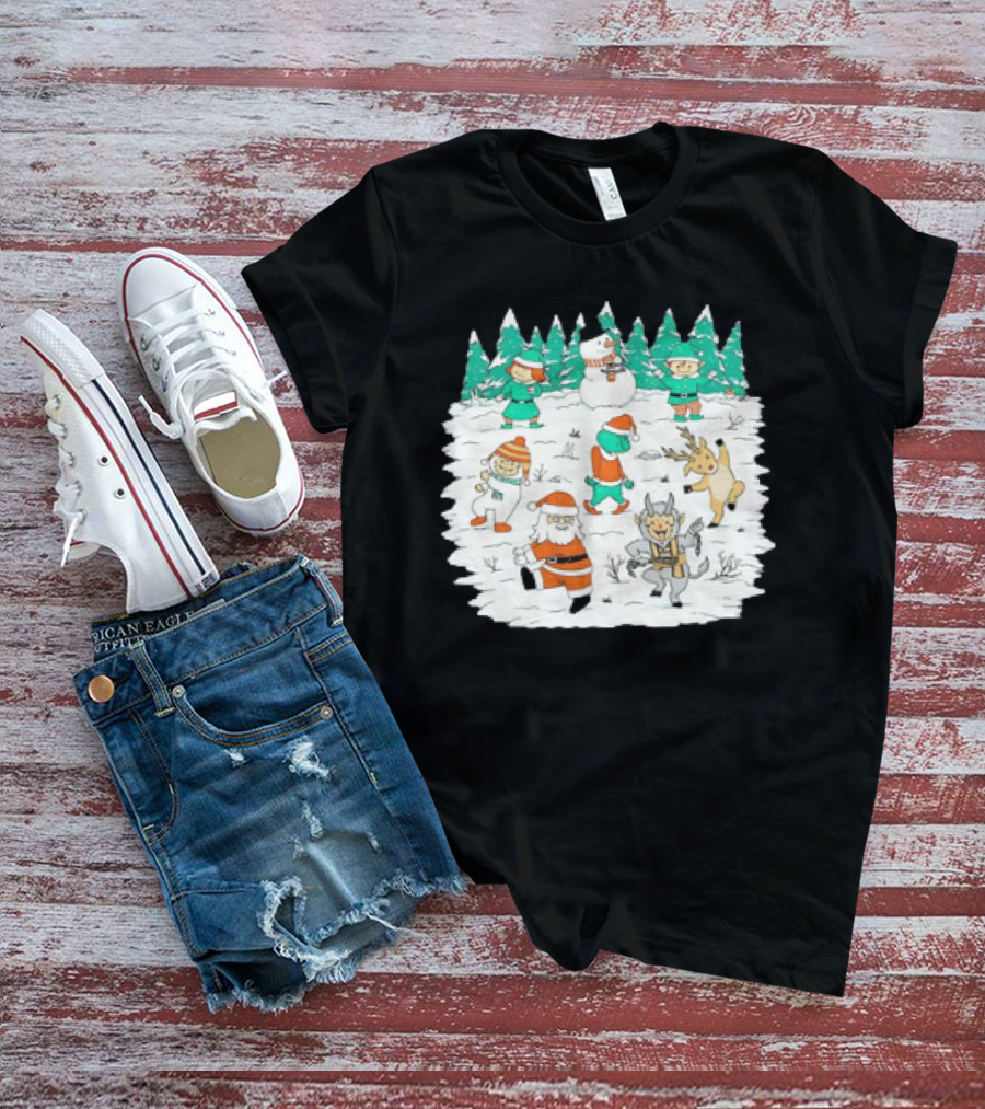 Christmas Dance Party With Santa, Krampus, Grinch, Snowman, And Reindeer In Winter Forest T-Shirt