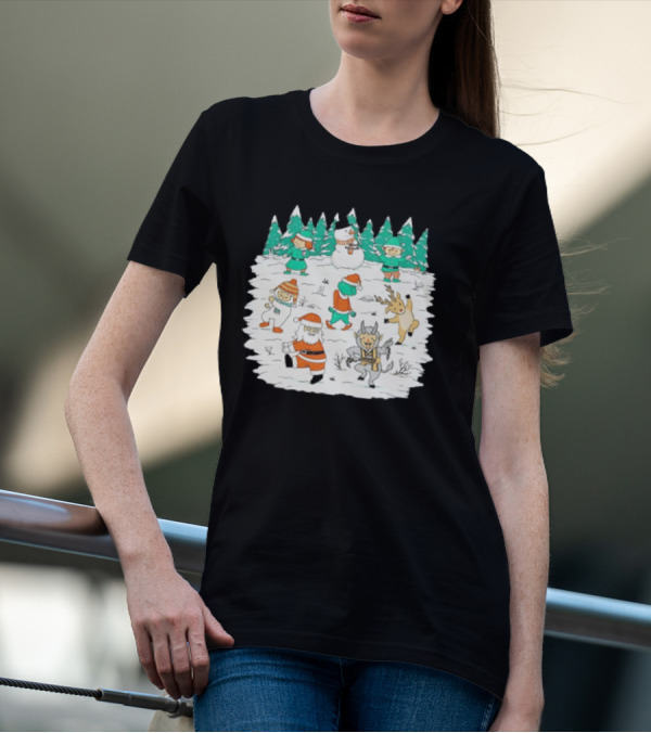 Christmas Dance Party With Santa, Krampus, Grinch, Snowman, And Reindeer In Winter Forest T-Shirt