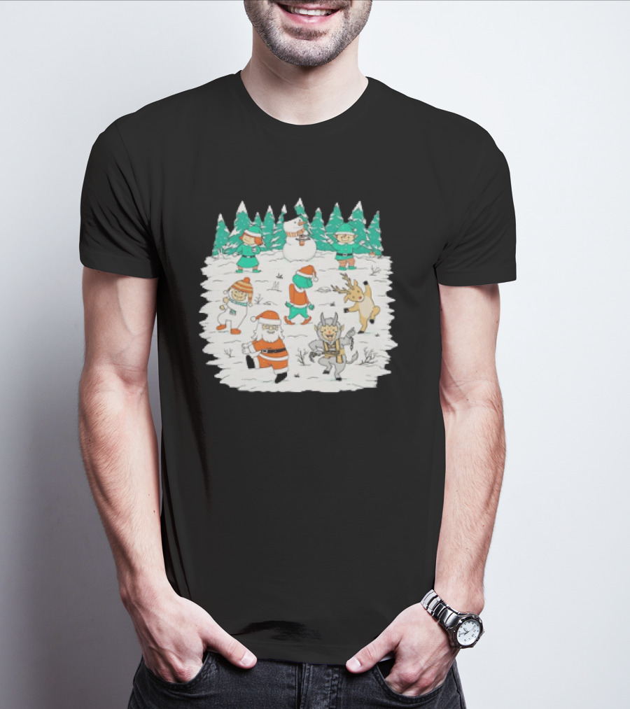 Christmas Dance Party With Santa, Krampus, Grinch, Snowman, And Reindeer In Winter Forest T-Shirt