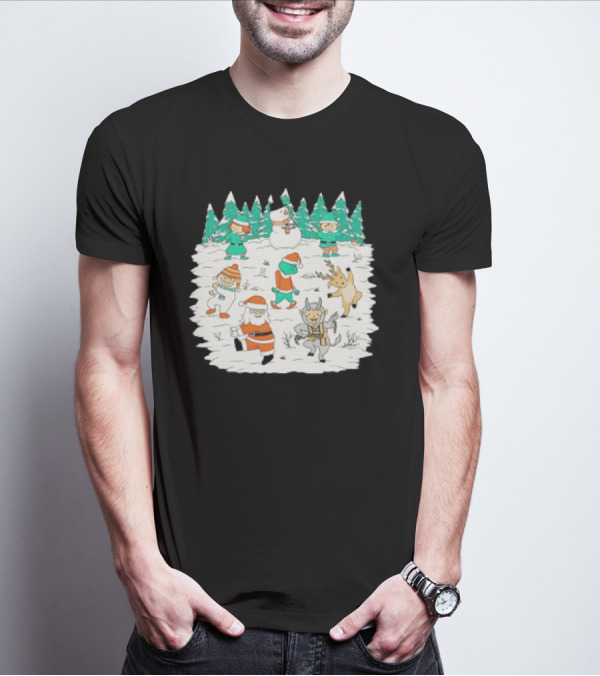 Christmas Dance Party With Santa, Krampus, Grinch, Snowman, And Reindeer In Winter Forest T-Shirt