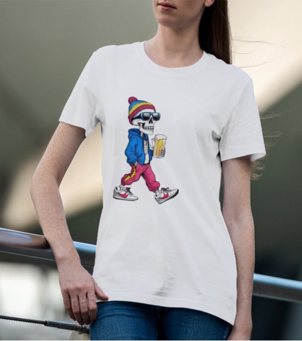 Skeleton Somewhere It's Beer Time Walking With A Mug T-Shirt