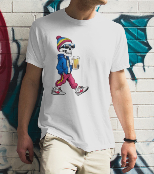 Skeleton Somewhere It's Beer Time Walking With A Mug T-Shirt