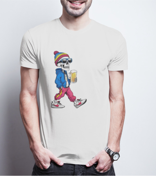 Skeleton Somewhere It's Beer Time Walking With A Mug T-Shirt
