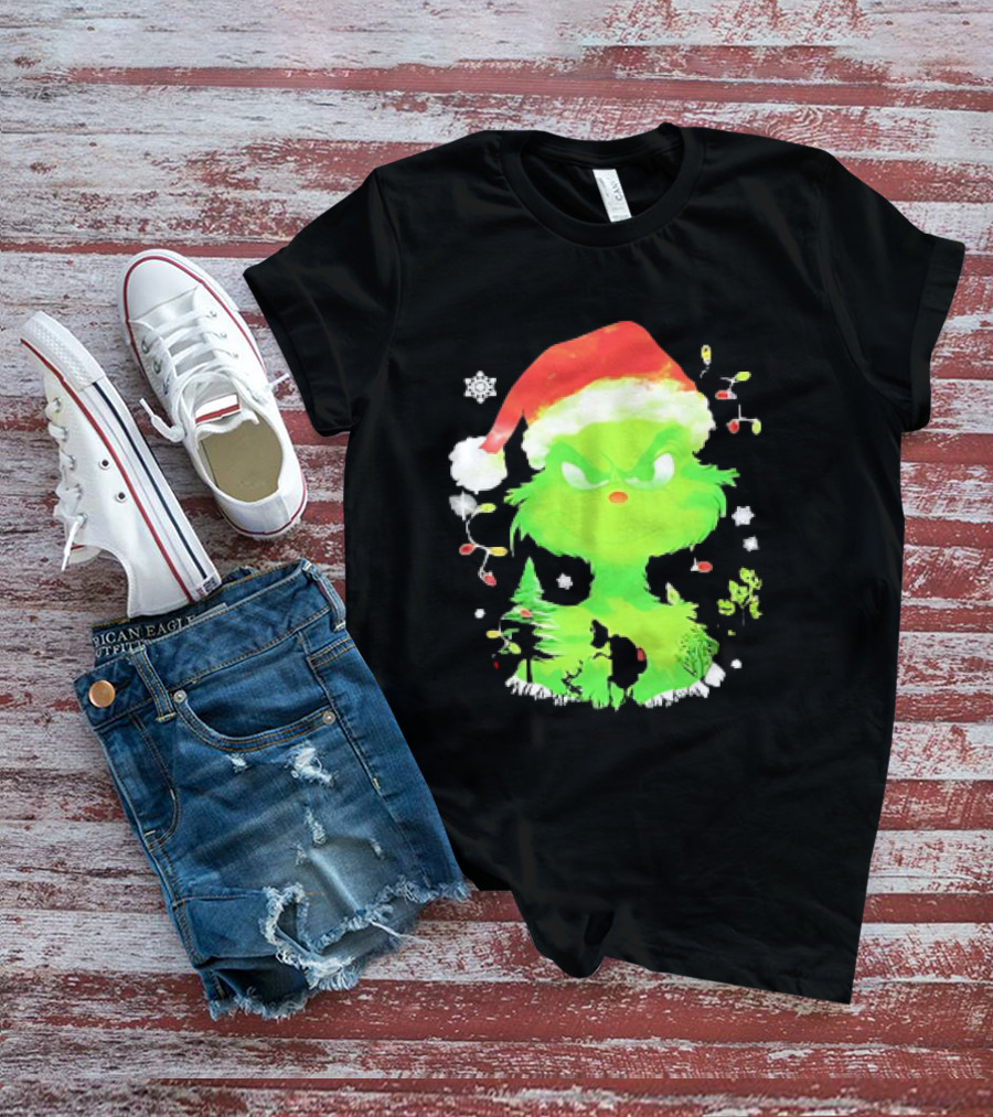 Grinch In Santa Hat Surrounded By Snowflakes And Christmas Lights T-Shirt