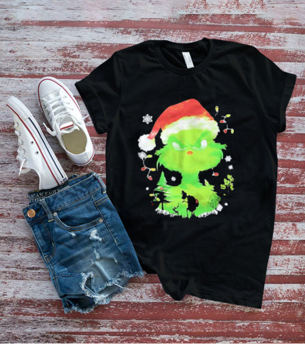 Grinch In Santa Hat Surrounded By Snowflakes And Christmas Lights T-Shirt