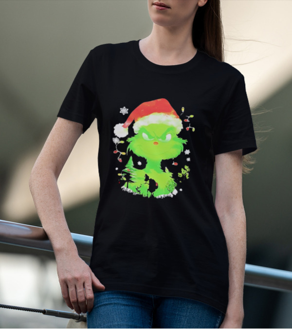 Grinch In Santa Hat Surrounded By Snowflakes And Christmas Lights T-Shirt