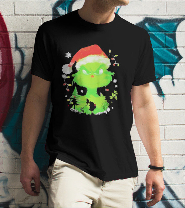 Grinch In Santa Hat Surrounded By Snowflakes And Christmas Lights T-Shirt