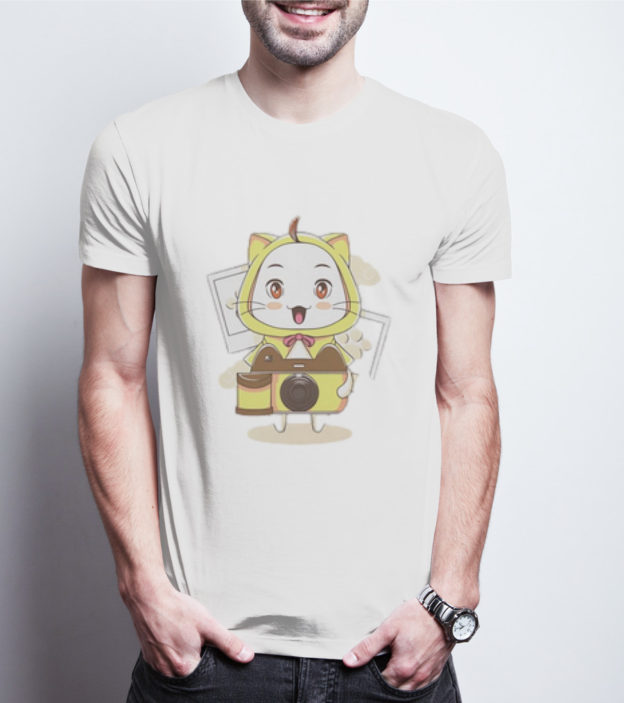 White Cat With Classic Camera Drawing T-Shirt